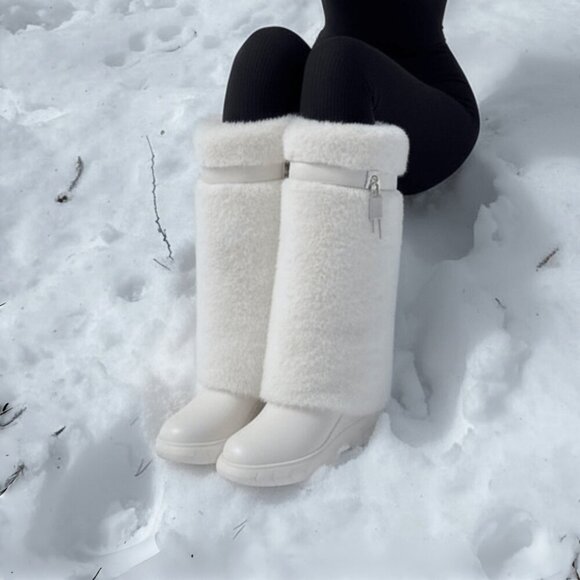 Beige Outdoor Women's Fluffy Knee Snow Boots - Picture 3 of 5